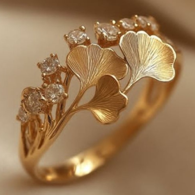 Ginkgo Leaf Ring with Synthetic Zirconia, Elegant Bling for Daily Wear